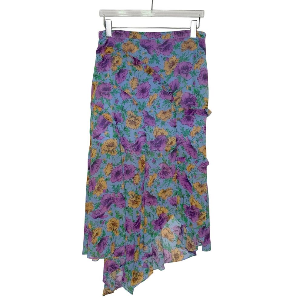 Veronica Beard Eleonora Skirt 10 Lake Blue Floral 100% Silk Asymmetrical